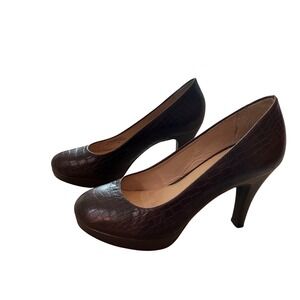 Naturalizer Brown Croc Embossed Leather Round Toe Platform Heel Pumps Size‎ 7M